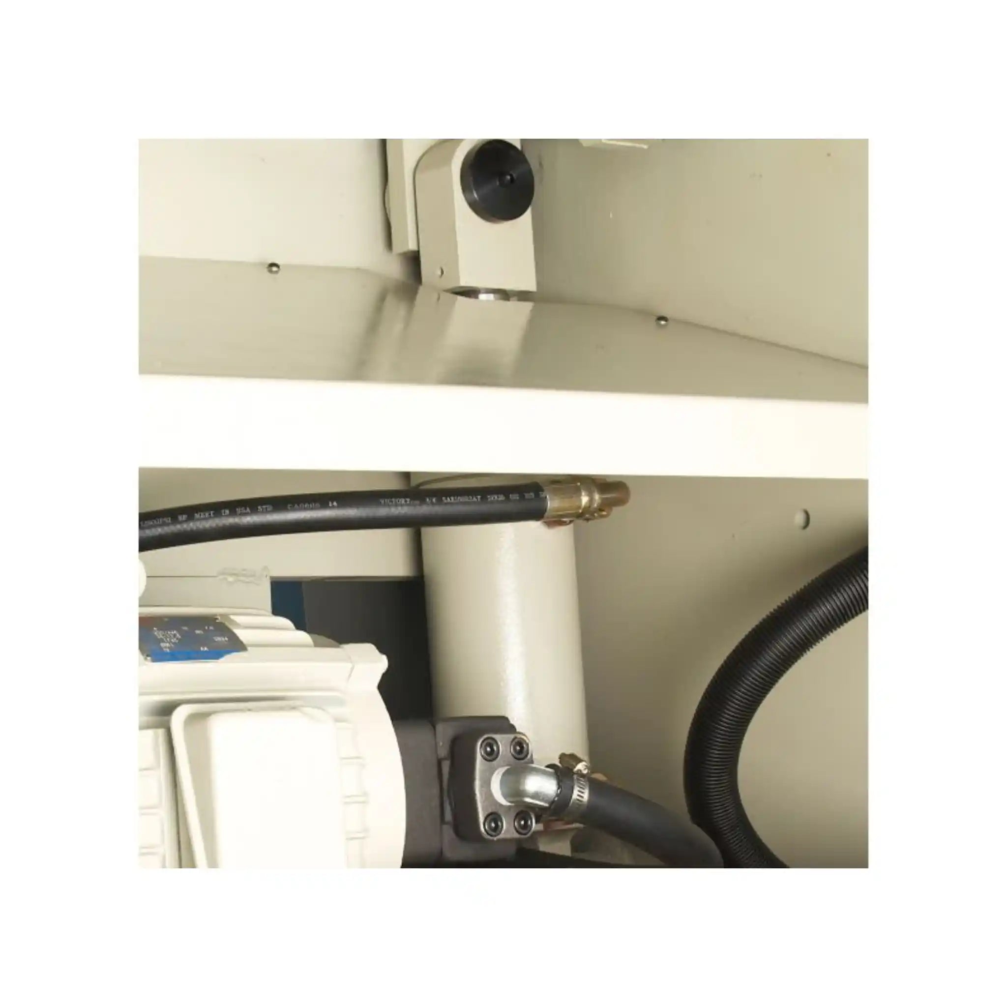 A image taken showing some of the hydraulics installed on a shear machine, the Baileigh SH-5203-HD