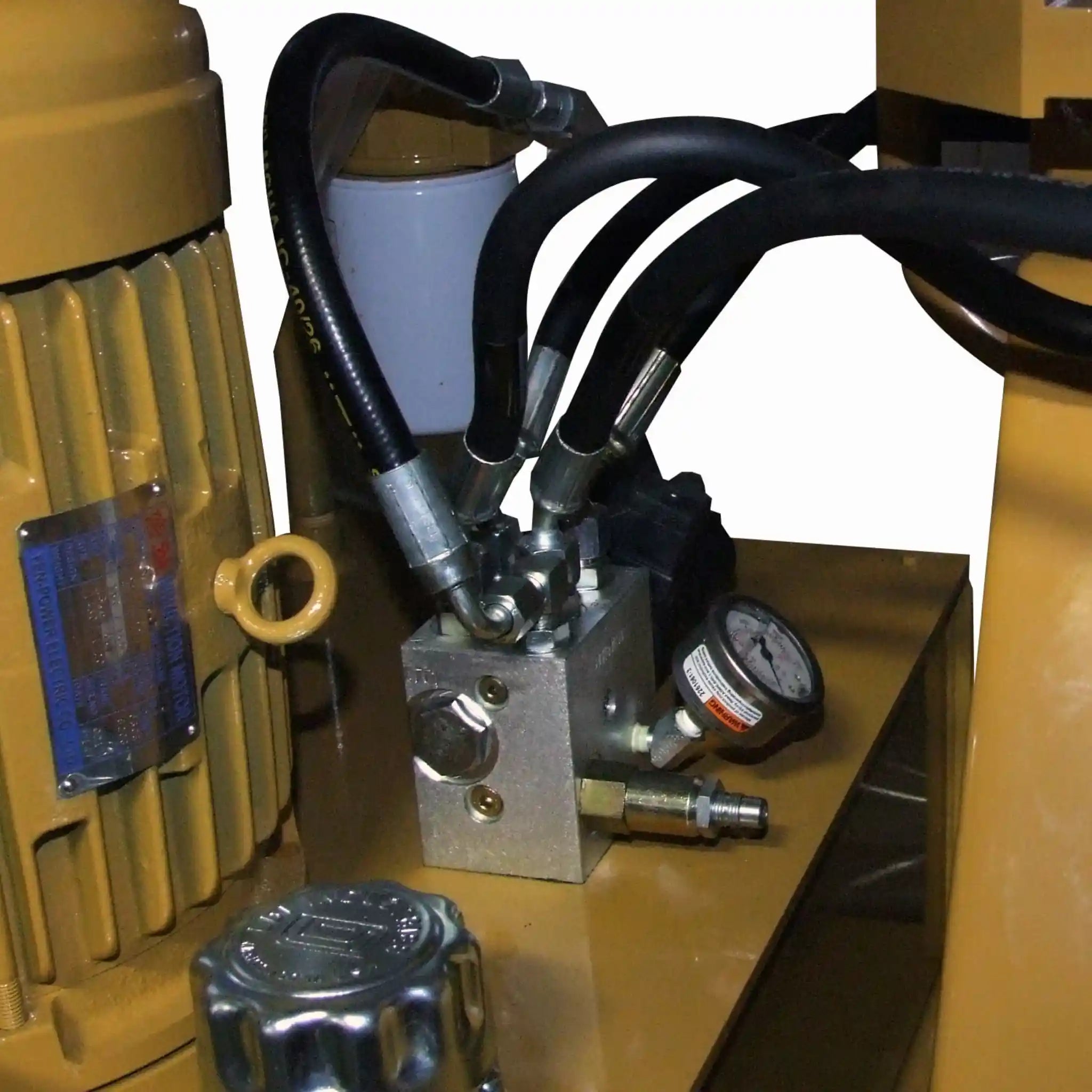 A image taken up close of the hydraulic system onboard the RDB-500 pipe bender, manufactured by Baileigh