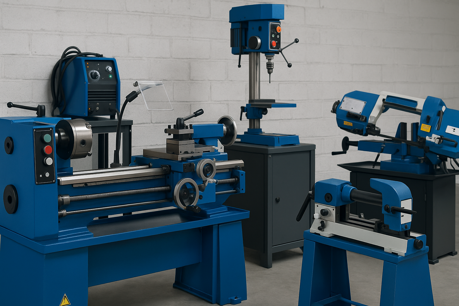 Blue metalworking machines including a lathe, drill press, and milling machine in a workshop setting.
