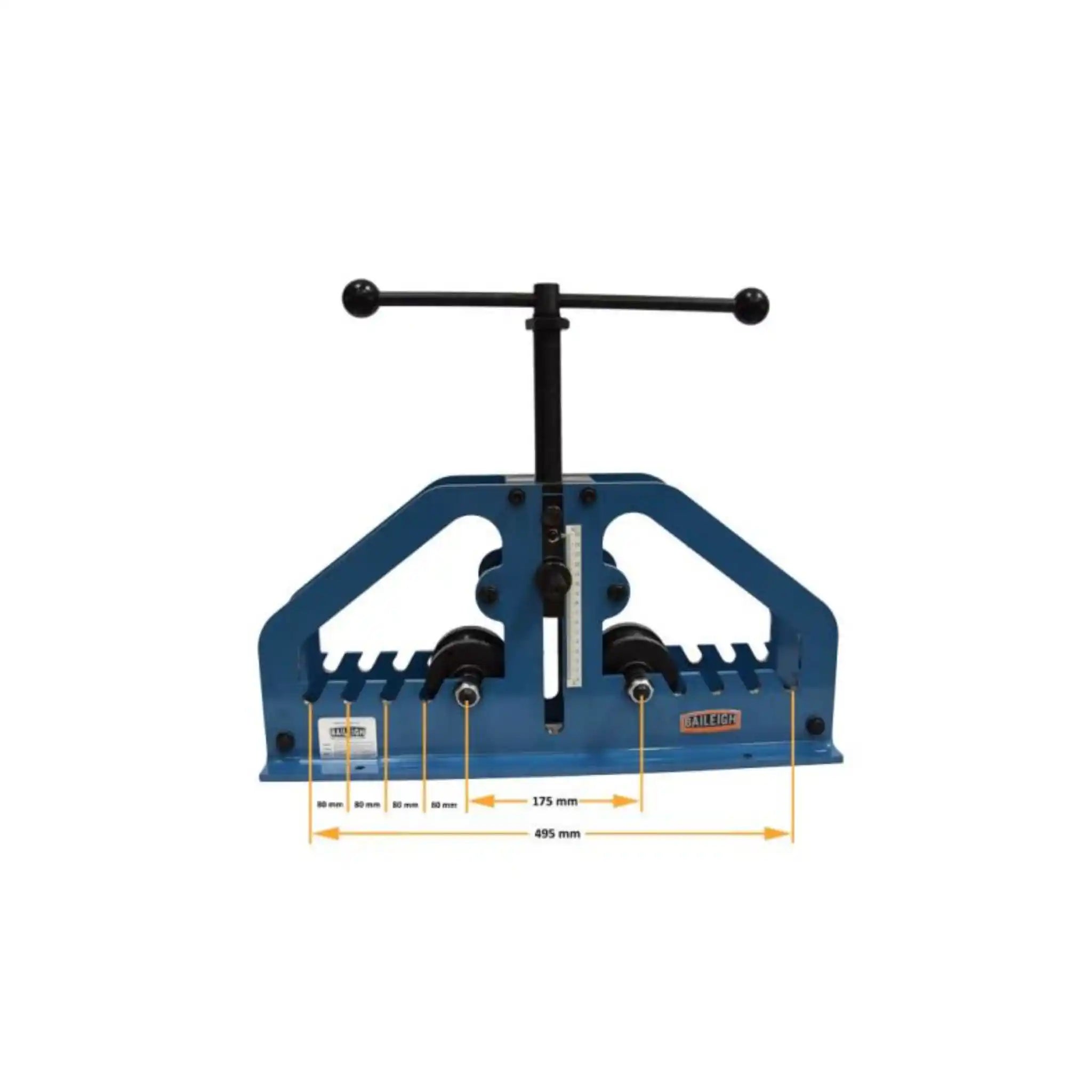 A image showing the dimensions of the Baileigh R-M7. The dimensions are for each roll bending attachment slot