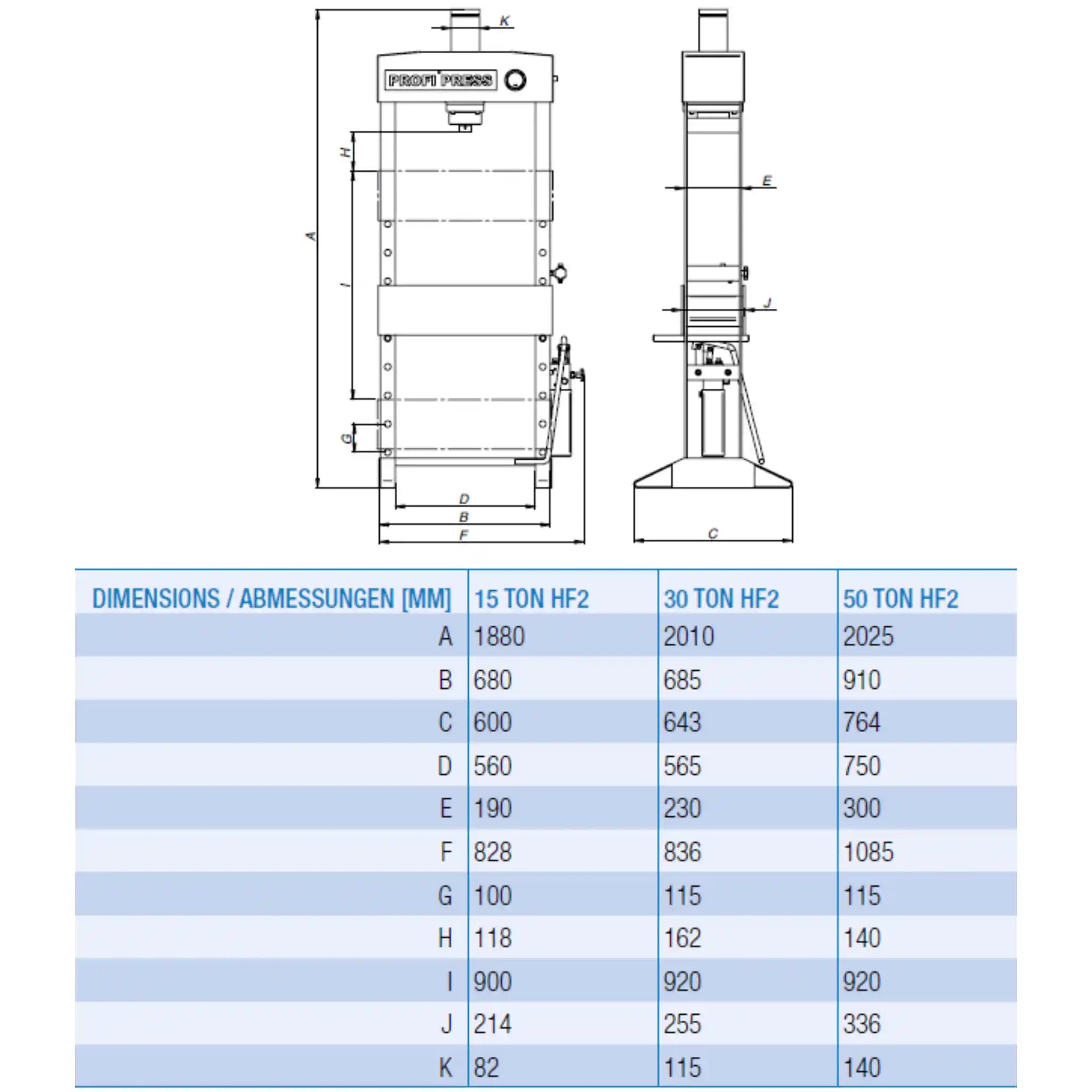A image showing the dimensions of the profi press 15 ton manual hydraulic press