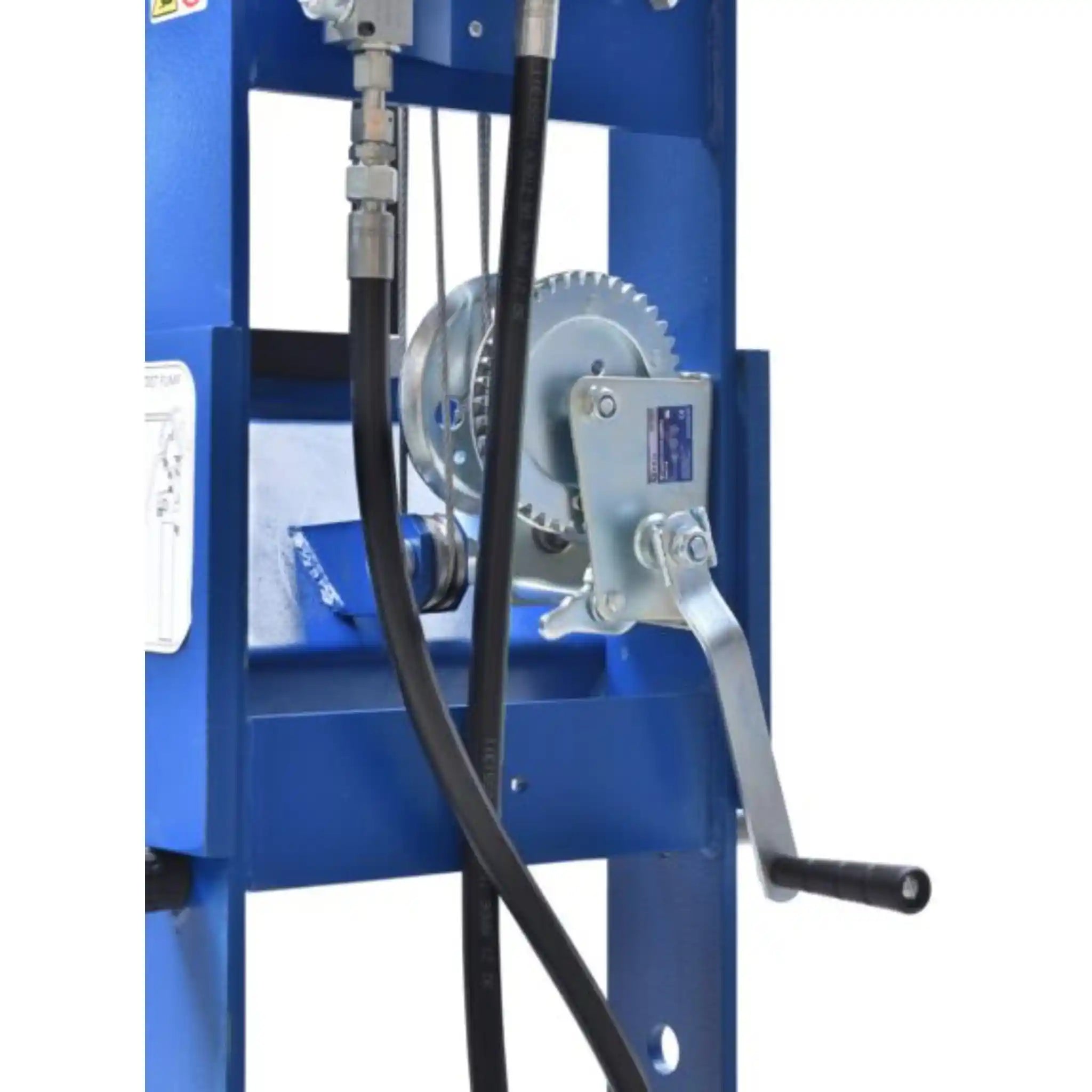 A image taken from the back of the hydraulic press showing the table adjustment winch, the press is the profi press 50 Ton HF-2 manual hydraulic press