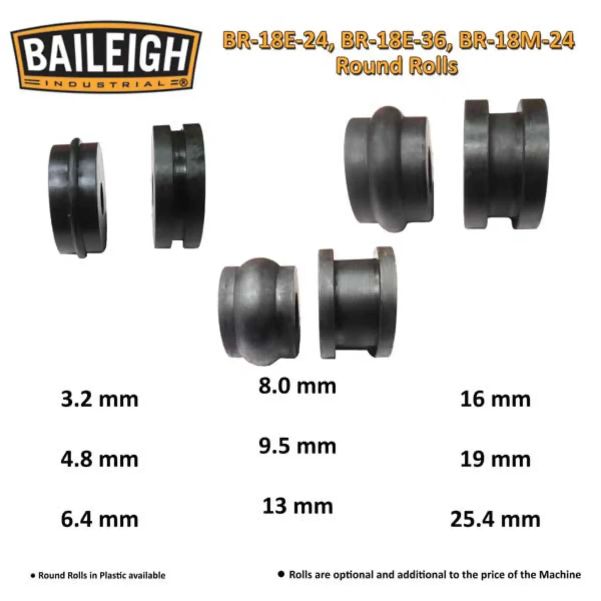A image of available round rolls for the Baileigh BR-18E-24 bead roller