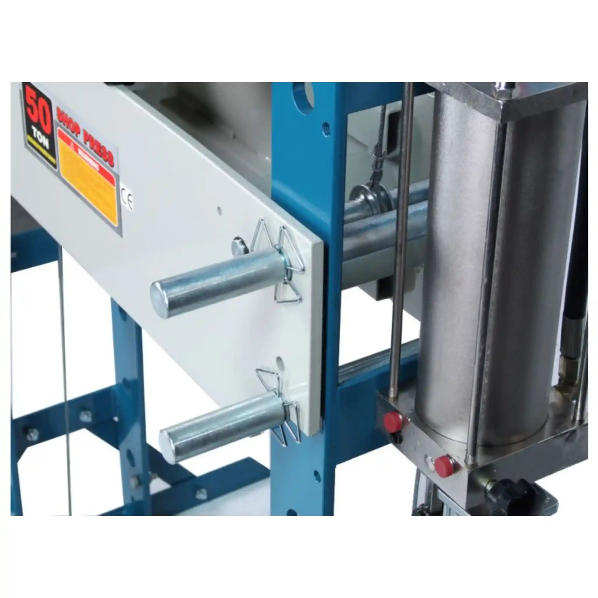 A image showing the work bed pins installed on the HSP-50A pneumatic press, manufactured by Baileigh