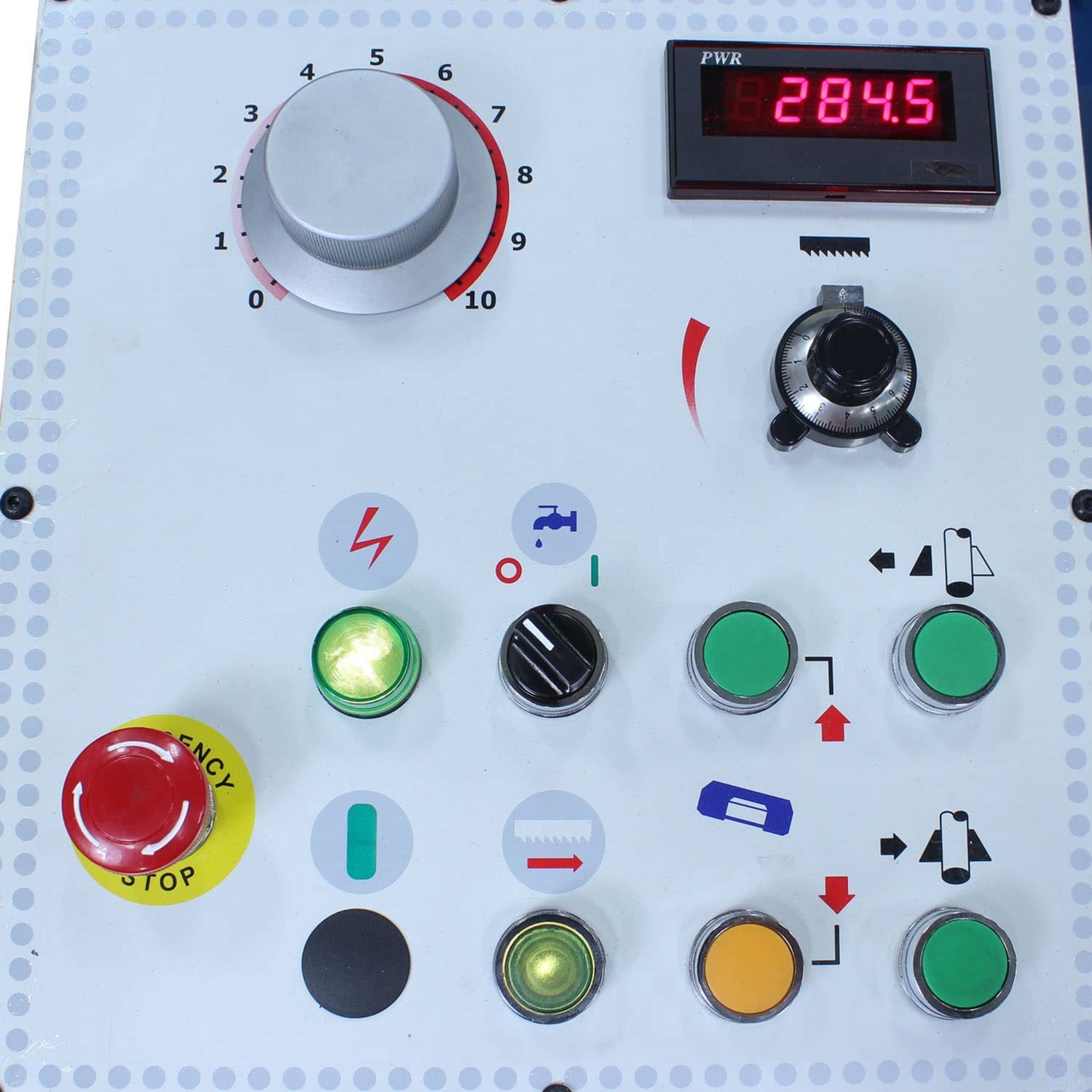 The control panel for the Baileigh Industrial BS-20SA-DM semi automatic dual mitering bandsaw